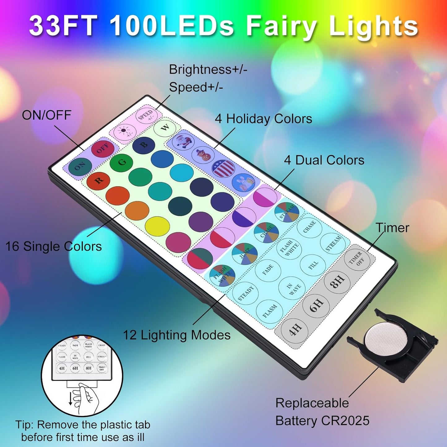 OMIKA Color Changing Fairy Lights - 33Ft Twinkle String Lights with 100 LEDs & USB Remote | 24 Colors, 196 Modes
