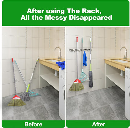 Voze Mop and Broom Holder - 5 Racks & 4 Hooks | Heavy-Duty Wall Mount Organizer for Home & Garage