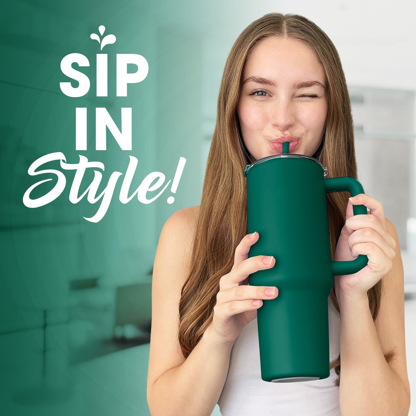 osse 40oz Tumbler with Handle and Straw Lid | Double Wall Vacuum Reusable Stainless Steel Insulated Water Bottle Travel Mug Cup | Modern Insulated Tumblers Cupholder Friendly (Pine)