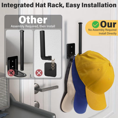 Skiennix Adhesive Hat Hooks - 4 Pack Wall Rack for Baseball Cap Storage | Black Hat Hanger Holder