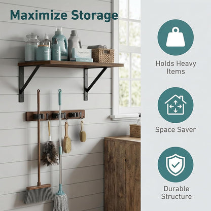 Skiennix Broom and Mop Organizer - Rustic Wood Wall-Mounted Storage Rack for Laundry Room | Brown
