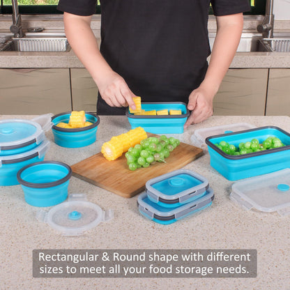 Skiennix Collapsible Food Storage Containers - 8 Pack Silicone Set for Snacks | Microwave & Dishwasher Safe, Blue