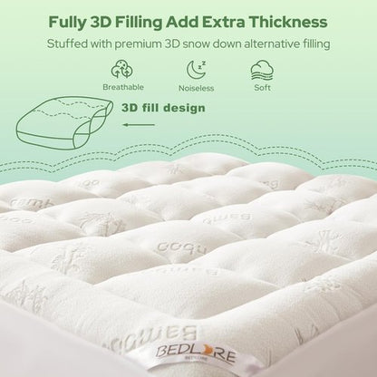 BEDLORE Queen Mattress Topper - Soft Bamboo Viscose Pillow Top for Back Pain Relief | Fits 6-18 Inch Mattresses
