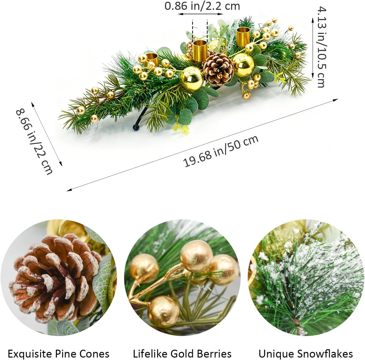 MrMrKura Christmas Tabletop Centerpiece - 3 Candle Holders with Pine Cones & Red Berries | Gold Decor for Dining Room