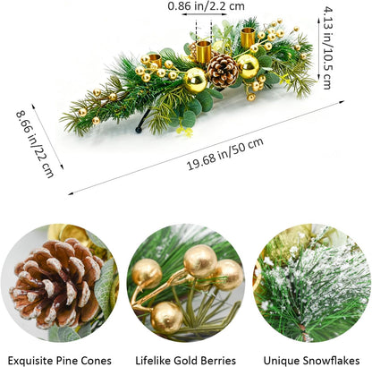 MrMrKura Christmas Tabletop Centerpiece - 3 Candle Holders with Pine Cones & Red Berries | Gold Decor for Dining Room
