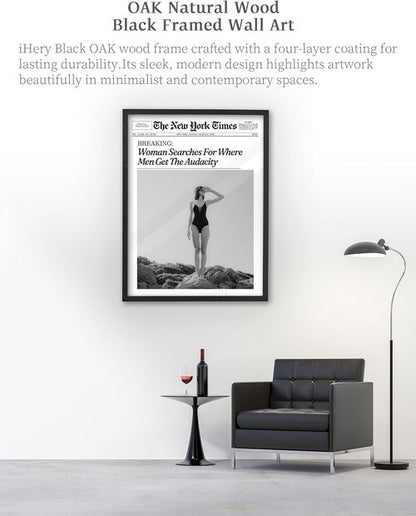 iHery Premium Natural Black Oak Wood Framed Wall Art - Retro Woman Canvas Decor 12x16in for Girly Dorm & Living Room