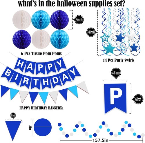 FECEDY Happy Birthday Banner - Navy Blue Paper Flag & Circle Garland | Party Decorations Set