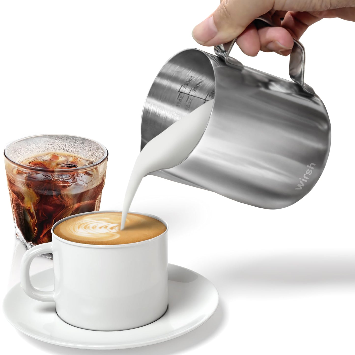 Milk Frothing Pitcher-Wirsh 12oz Steaming Pitcher for Milk Frothing, Milk Frother Cup for Espresso,Cappuccino,Latte Art, Stainless Steel Jug Pitcher