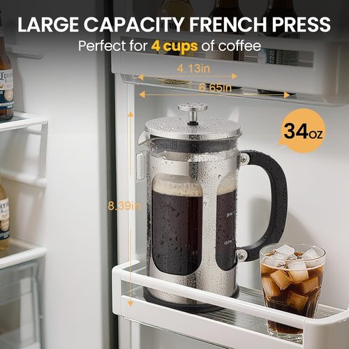 BAYKA French Press Coffee Maker - 34oz Cold Brew Iced Coffee Pot | Heat-Resistant Borosilicate Glass, Silver