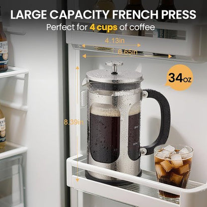 BAYKA French Press Coffee Maker - 34oz Cold Brew Iced Coffee Pot | Heat-Resistant Borosilicate Glass, Silver