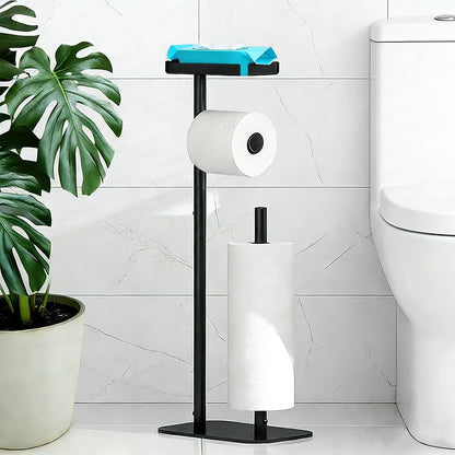 Regine Switzerland Free Standing Toilet Paper Holder - Rustproof Metal with Anti-Slip Base & Top Shelf, Black