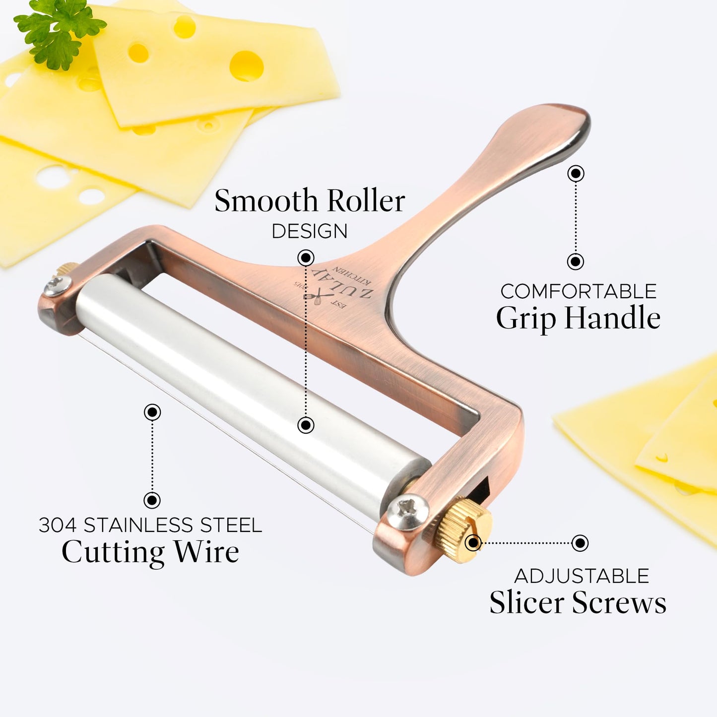 Zulay Cheese Slicer With Adjustable Thickness - Wire Cheese Slicer For Mozzarella Cheese, Cheddar Cheese, Gouda Cheese - Cheese Slicers For Block Cheese Heavy Duty With 2 Extra Wires (Copper)