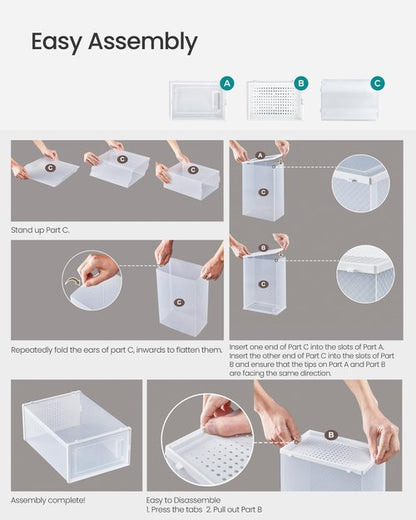 SONGMICS Shoe Boxes, Pack of 12 Shoe Storage Organizers, Stackable Clear Plastic Boxes for Closet, Sneakers, 13.1 x 9.1 x 5.6 Inches, Transparent and White ULSP12SWT