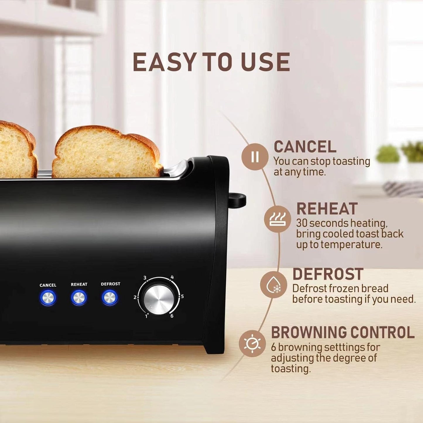 Regine Switzerland Long Slot Toaster - 2 Slice with 6 Browning Settings & Removable Crumb Tray | Black Stainless Steel