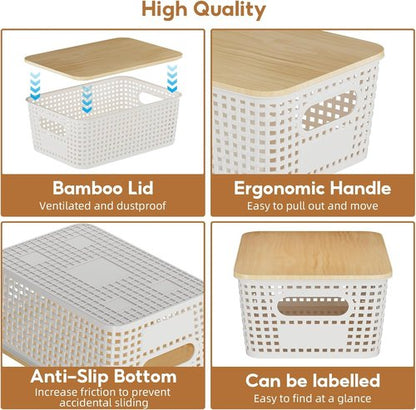 8 Pack Plastic Storage Bins with Bamboo Lids - Stackable Organizer Baskets for Pantry, Office & Nursery