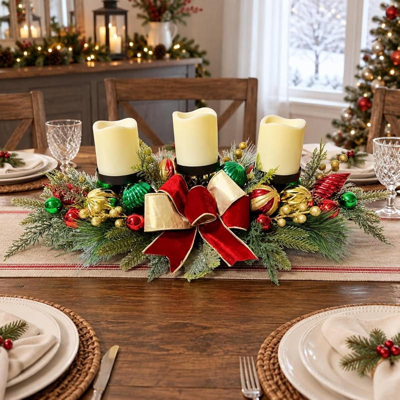 Christmas Candle Holder Centerpiece with 3 Candle Holders and Red Bow