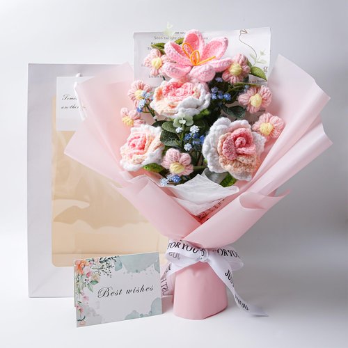 EZsenses Crochet Flower Bouquet, Handmade Knitted Rose Faux Crochet Flowers for Home Decor Valentine’s Day Anniversary Weddings Birthdays Mother’s Day, Includes Gift Bag and Greeting Card (Rose)