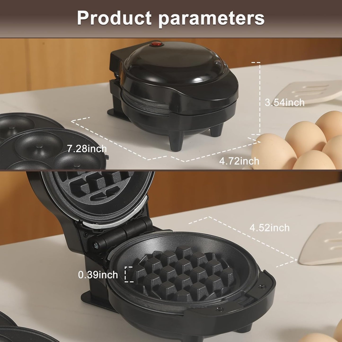 Skiennix Mini Waffle Maker - 3-in-1 Non-Stick Waffle Iron with 6 Removable Plates | Black, 4.5" Size