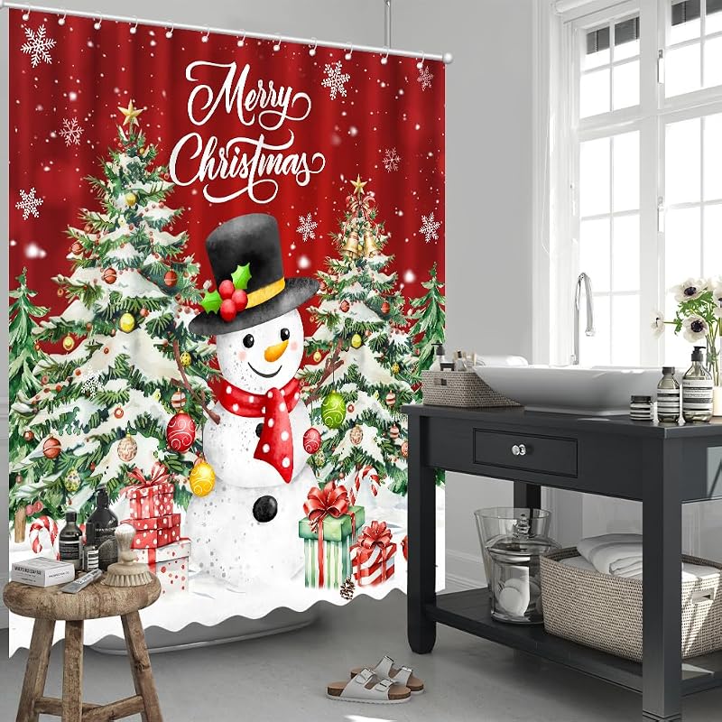 Christmas Shower Curtain 72 x 72 in – Santa, Snowman & Tree Design with 12 Hooks