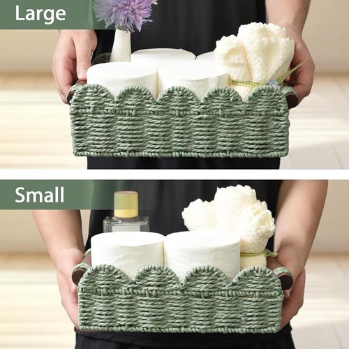 Handwoven Wicker Basket Set of 2 - Small Scalloped Toilet Paper Storage with Handles | Green