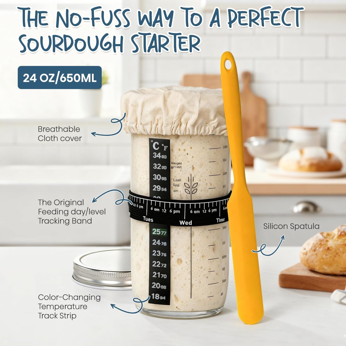 Skiennix Sourdough Starter Kit - 24oz Starter Jar & 9'' Round Banneton Baskets for Perfect Bread
