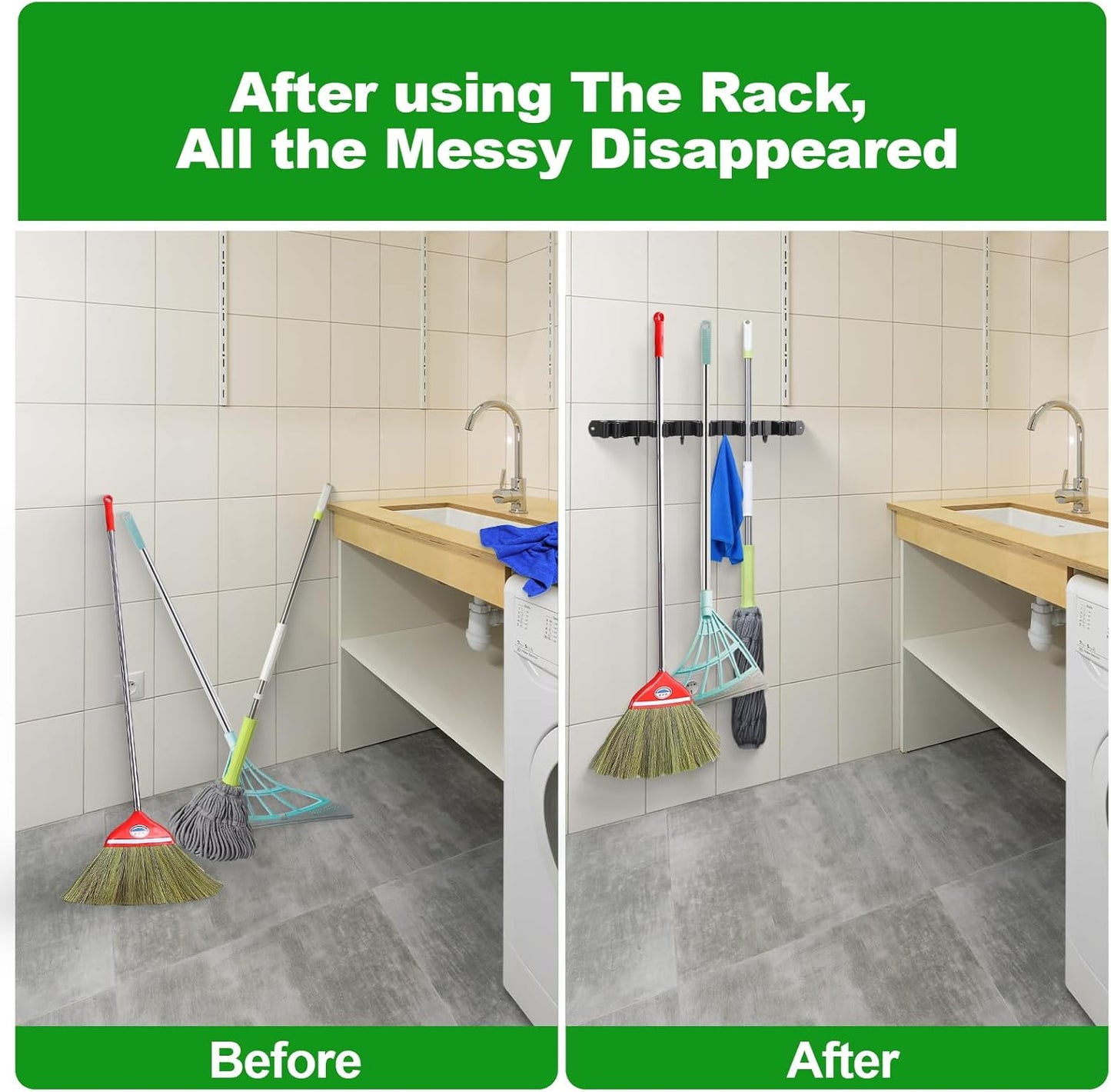 Voze Mop and Broom Holder - 3 Racks & 4 Hooks, Heavy Duty Wall Mount Organizer for Home & Garage