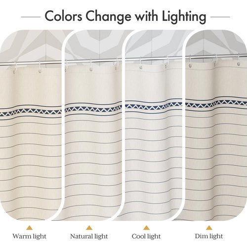 AmazerBath Boho Shower Curtain, Modern Farmhouse Shower Curtain Set with Tassels, Rustic Faux Linen Navy Blue Striped Shower Curtain with Hooks, Light Tan Toned, 72x72 Inches