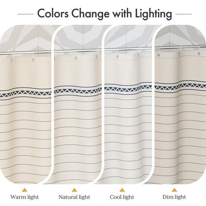 AmazerBath Boho Shower Curtain, Modern Farmhouse Shower Curtain Set with Tassels, Rustic Faux Linen Navy Blue Striped Shower Curtain with Hooks, Light Tan Toned, 72x72 Inches