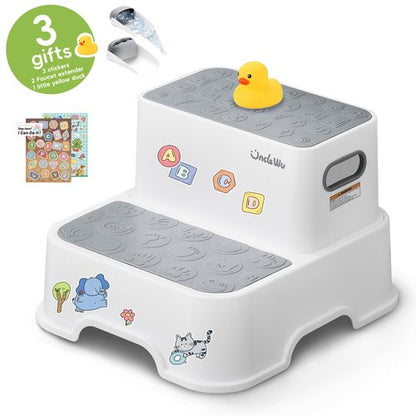 2-Pack Step Stool for Kids with Faucet Extender & Duck Toys - Non-Slip Toddler Stool for Bathroom Sink, Potty Training & Kitchen - Heavy Duty 200lbs Foot Stool for Adults (Grey)