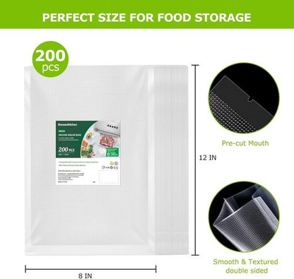 Bonsenkitchen Vacuum Sealer Bags - 200 Quart, BPA Free, Commercial Grade, 8" x 12" Textured Bags for Sous Vide Cooking