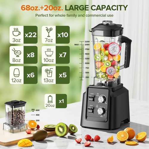 1800W Professional Blender by [Brand Name] - Ice Crushing Smoothie Maker with Self-Cleaning, 68oz & 20oz Jars