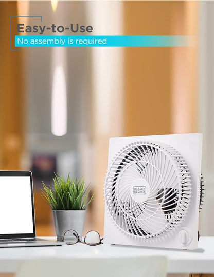 BLACK+DECKER 9-Inch Frameless Box Fan - Portable 3-Speed Desk Fan for Home Office or Garage, White