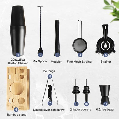 JNWINOG 11Pcs-Cocktail Shaker Set Stainless Steel Bartending Kit 25oz Boston Shaker Bar Set Cocktail Mix Drink Making Kit Professional Bar and Home Drink Bar Tools for Bartender(Matte Black)