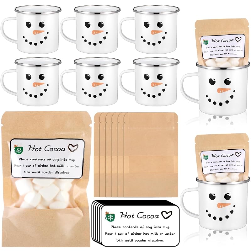 6-Piece Christmas Hot Cocoa Gift Set with Snowman Enamel Mugs, Kraft Pouches & Labels