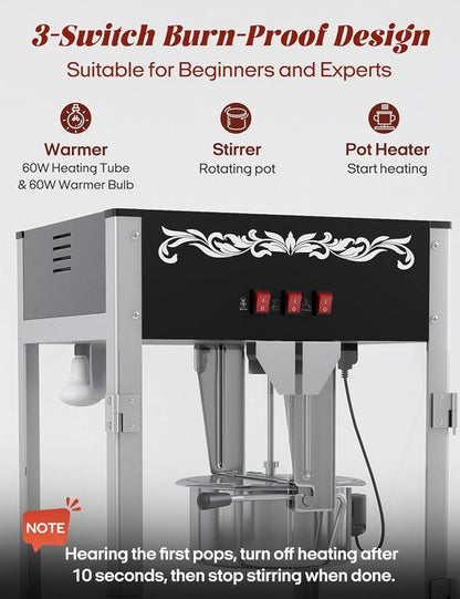 Commercial Popcorn Machine - Authentic 16oz Kettle Popcorn Maker with Warming Deck | 1600W for Restaurants & Events