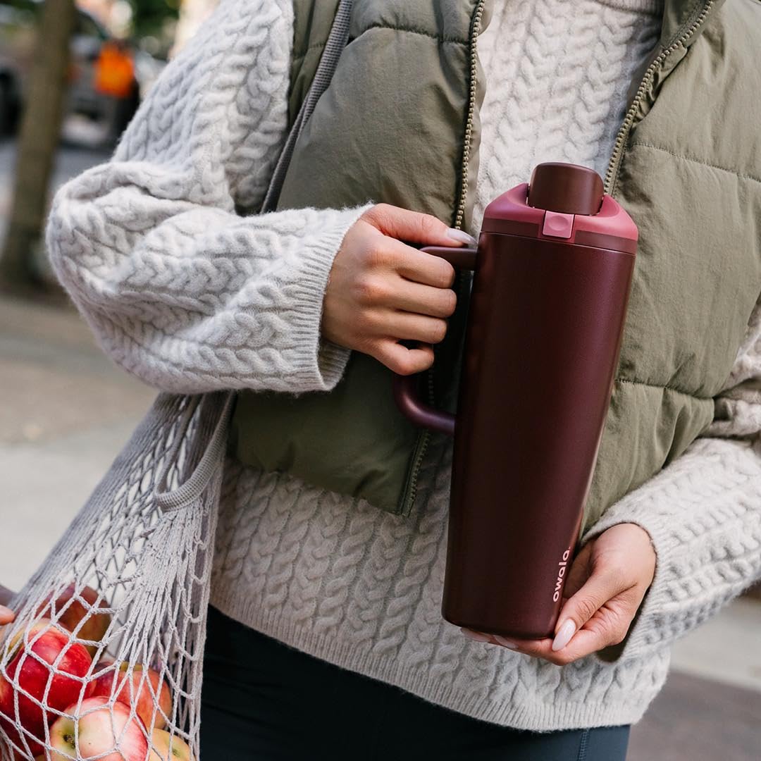 Owala FreeSip Tumbler Insulated Stainless Steel Water Bottle with Built-in Straw and Side Handle, For Travel, Work, School, and Sports, 40oz, BPA Free, Leak Proof, Black Cherry