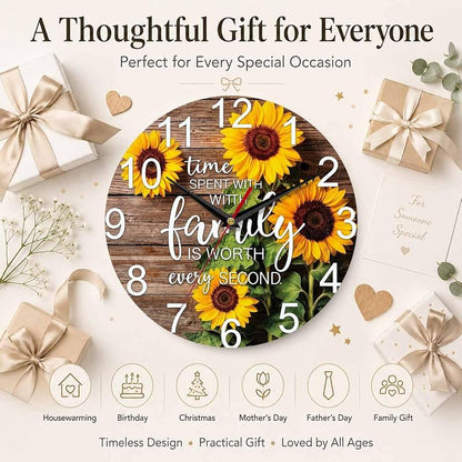 Sunflower Family Quote Wall Clock 10 Inch - Sunflower 1+10 Inch, Battery Operated