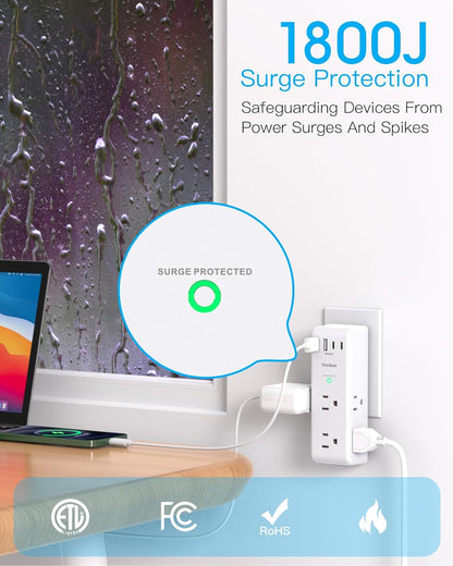 Surge Protector by [Brand Name] - 6 AC Outlet Extender with Rotating Plug & 4 USB Ports | 1800J Power Strip for Home & Office