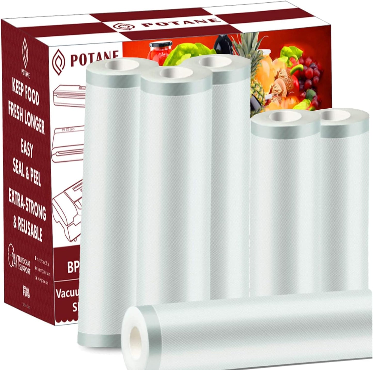 Potane Vacuum Sealer Bags - 6 Pack Heavy-Duty, Smell-Proof & Puncture-Resistant | 11"x20' & 8"x20' Sizes