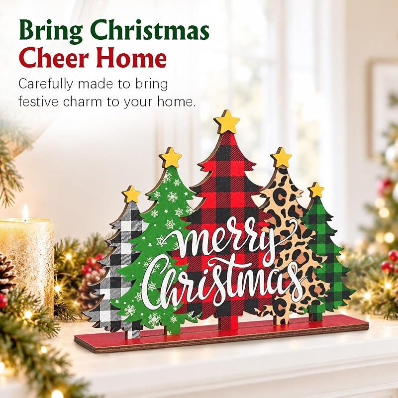 Five-Tree Christmas Sign - Buffalo Plaid & Leopard Print Wooden Christmas Decoration - Variation: Christmas1