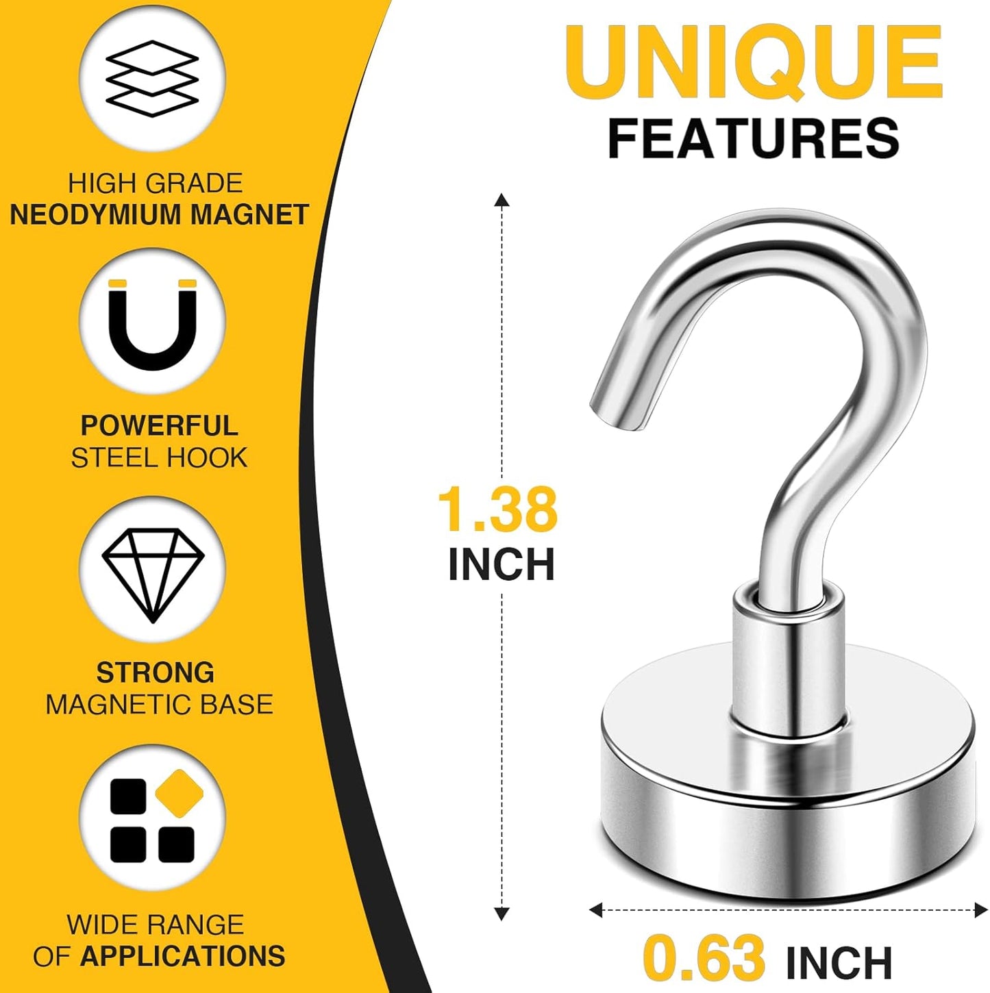 N52 Magnetic Hooks by [Brand Name] - 30lbs Capacity | 4 Rubber Coated Anti-Scratch Mounting Magnets