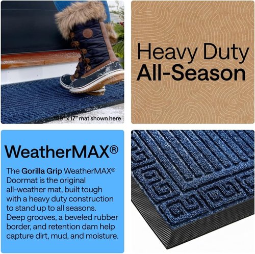 GORILLA GRIP Waterproof All-Season WeatherMAX Doormat - Stain & Fade Resistant, Easy Clean, 29x17, Navy Greek Keys