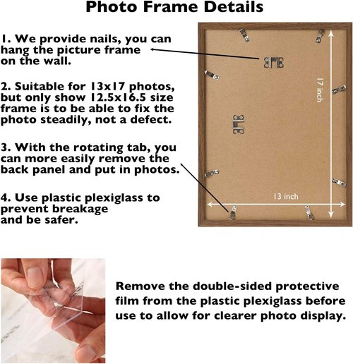 JCJMY 13x17 Picture Frame - Brown Wall Mount for Horizontal or Vertical Display | Shatter-Resistant Plexiglass