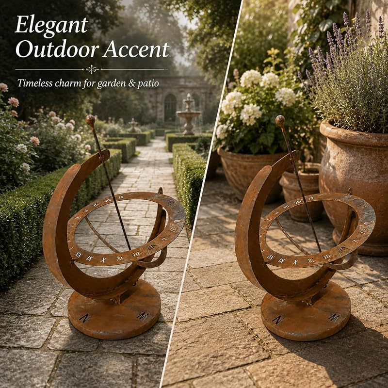 Rustic Metal Sundial Garden Armillary Clock with Roman Dial