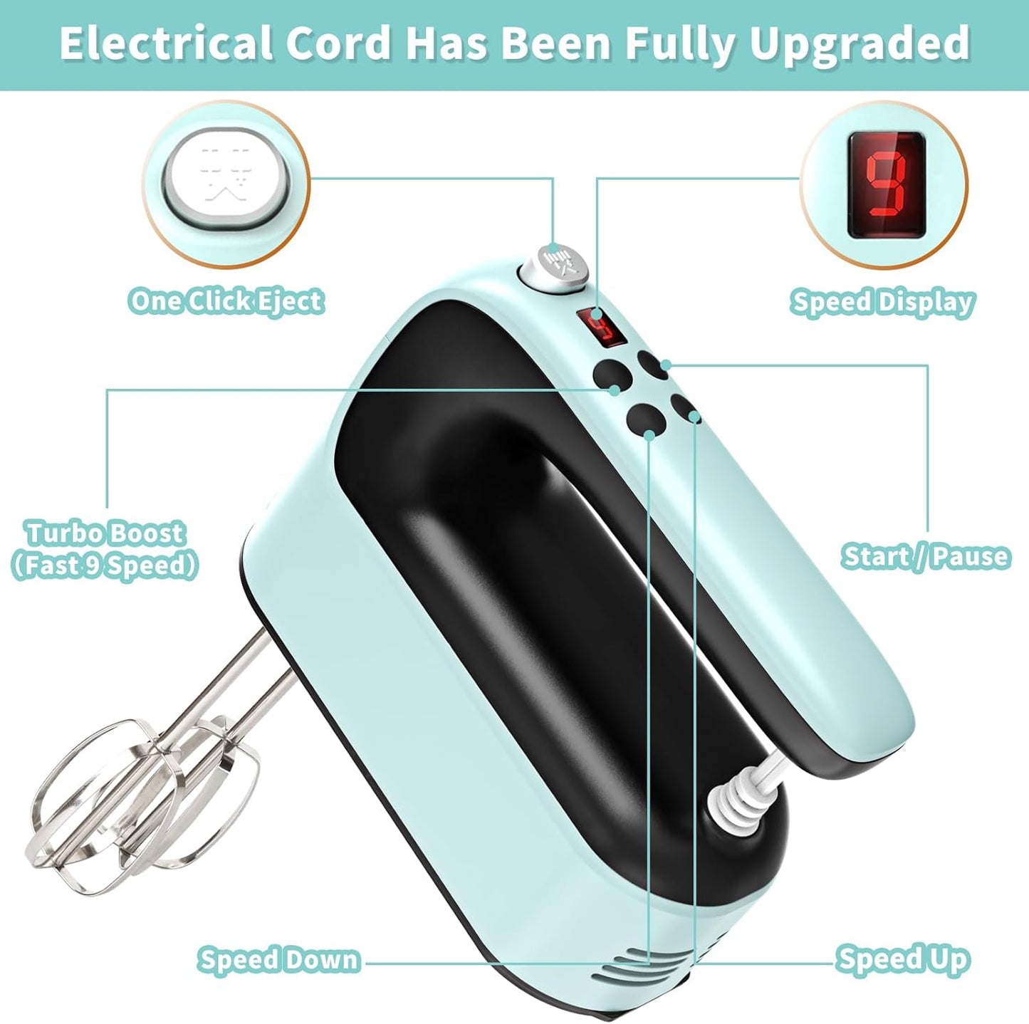 Skiennix 9-Speed Hand Mixer - 400W Powerful Electric Mixer with Snap-On Storage Case & 5 Accessories (Ice Blue/Black)