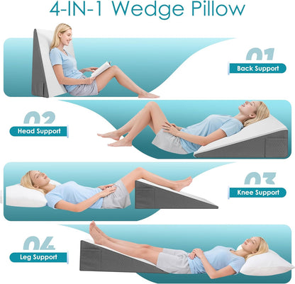 Skiennix Wedge Pillow - 8 Inch Cooling Memory Foam Bed Wedge for Back Support & Leg Elevation