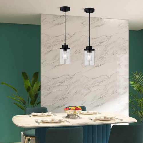DALIVOL Modern Black Farmhouse Clear Glass Cylinder Pendant Light Fixture, Single Hanging Pendant Lighting for Kitchen Island, Dining Room, Foyer & Hallway(2 Packs)