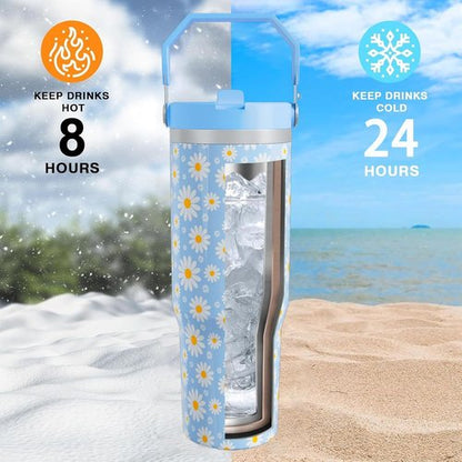 Daisy Gifts 30oz Stainless Steel Tumbler - Floral Design with Handle & Flip Straw | Perfect Gift for Women & Girls