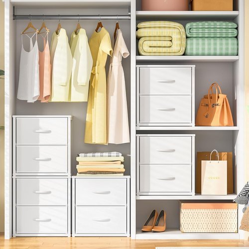 DAOUTIME Stackable Storage Drawers - 4 Drawer White Closet Organizer with Wooden Top & Metal Frame