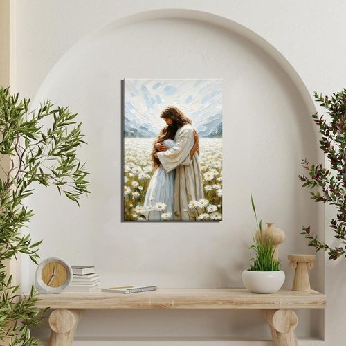 Jesus Hugging Girl Canvas Wall Art - Modern Christian Healing Embrace | 12x16in Decor for Home